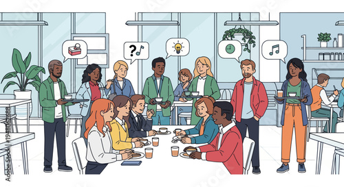 Diverse team brainstorming in modern office cafeteria with speech bubbles showing ideas