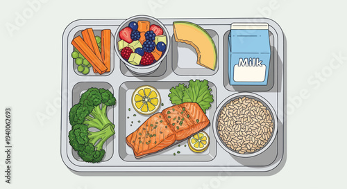 Healthy School Lunch Tray with Salmon, Broccoli, Fruit Salad, and Milk