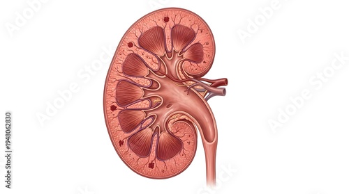 Anatomical illustration of a human kidney with renal structure and vessels exposed
