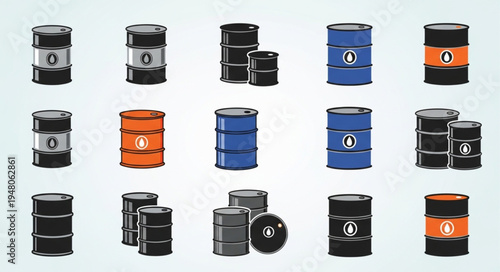 Collection of Oil Drums and Barrels in Various Colors and Designs.
