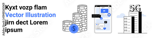 Financial services, digital payments, 5G technology, communication, investments, mobile applications. Stacked coins, a smartphone with transaction icons and a 5G tower. Financial services