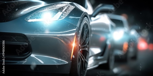 Sleek sports car with glowing headlights driving on a wet road at night