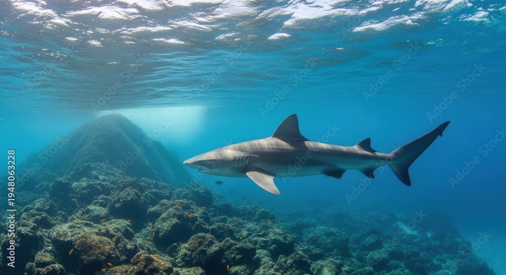 Fototapeta premium Galapagos shark cruising underwater near rocky reef, sunlight dappling the ocean surface above