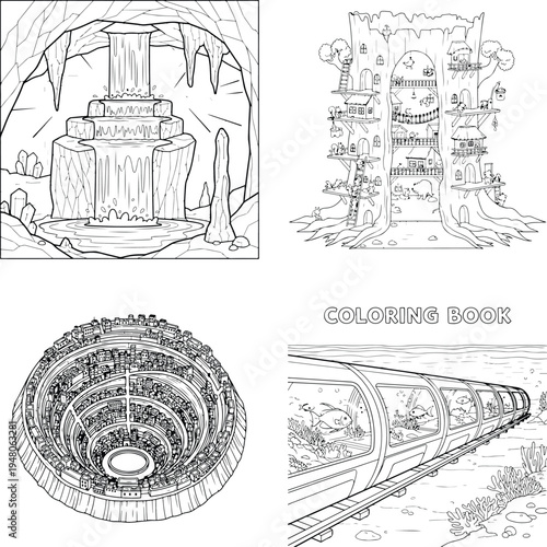 Underground cave with waterfall and platform, coloring book vector illustration, black and white