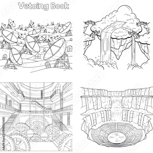 Satellite dish array in field, coloring book vector illustration, black and white