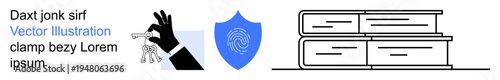 Information security, learning resources, access control, biometrics, online safety, education systems. Blue shield with a fingerprint, a hand holding keys and stacked books. Information security
