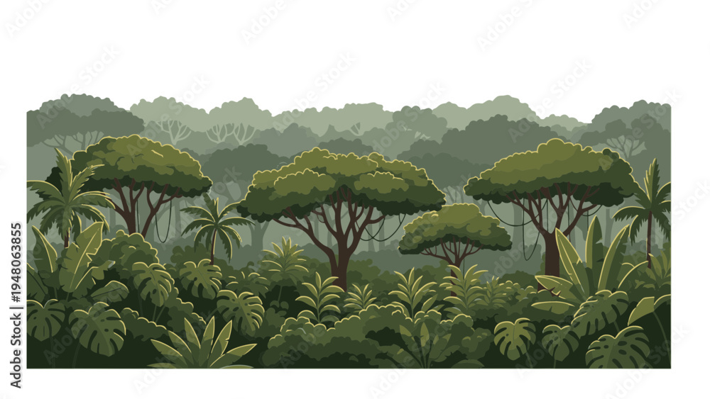 Fototapeta premium A serene jungle scene with lush greenery and trees viewed from a distance in a natural landscape
