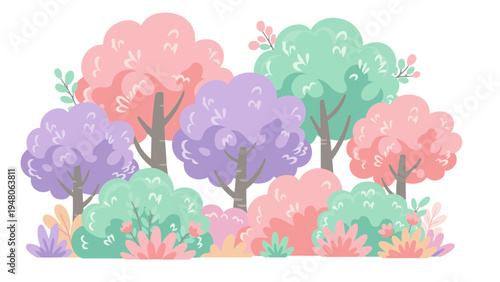 Vibrant cartoon trees and bushes in a colorful garden landscape scene outdoors