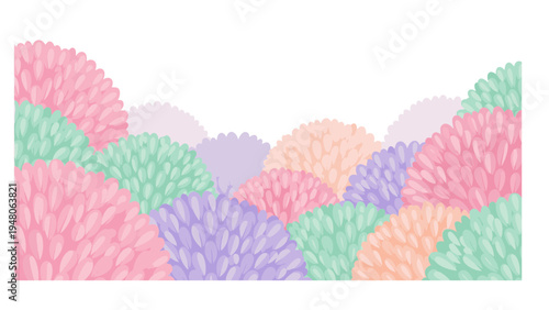 Vibrant floral patterns unfold in a colorful illustration of purple, pink, green, and orange flowers.