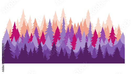 Vibrant purple and pink trees stand tall in a stylized forest landscape illustration at sunrise.