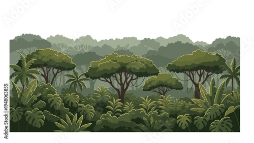 A serene jungle scene with lush greenery and trees viewed from a distance in a natural landscape