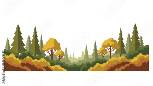 A serene forest landscape with trees and foliage in autumn colors.