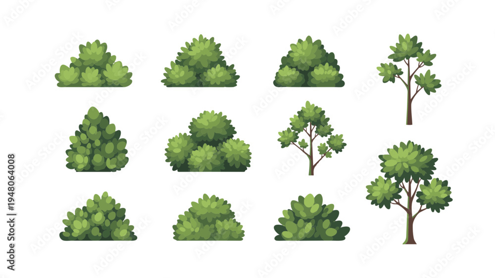 Fototapeta premium A collection of various green trees and bushes in a natural environment from a graphic design perspective.