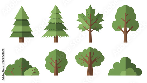 Various trees are illustrated in a graphic design with multiple green trees.