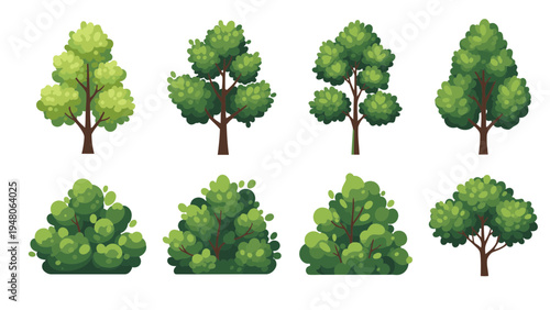 Eight different trees with varying green foliage are illustrated.