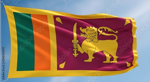 Sri Lanka flag waving, national pride, lion symbol, purple background