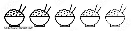 Rice bowl icon with chopsticks in outline style. Minimal black vector symbol different line thicknesses of Asian cuisine for restaurant menus, delivery apps, food branding.