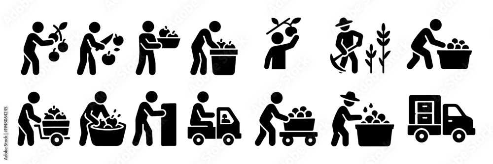 Naklejka premium Agriculture icons with farmer crate truck solid