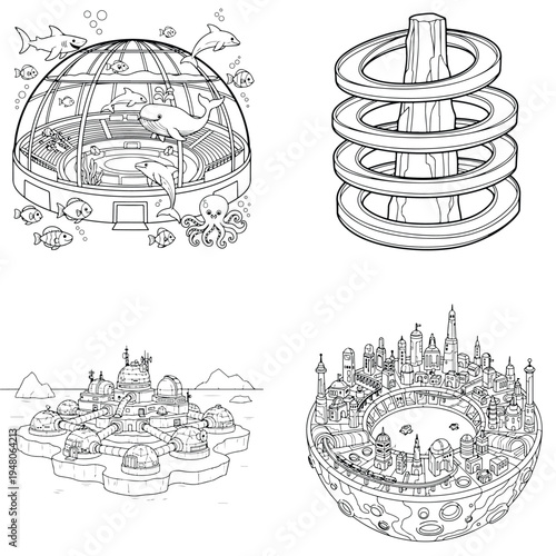 Aquarium with sea creatures and planetarium dome, coloring book vector illustration