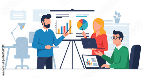 Business team collaboration in modern office with presentation and laptop in flat design style for corporate website