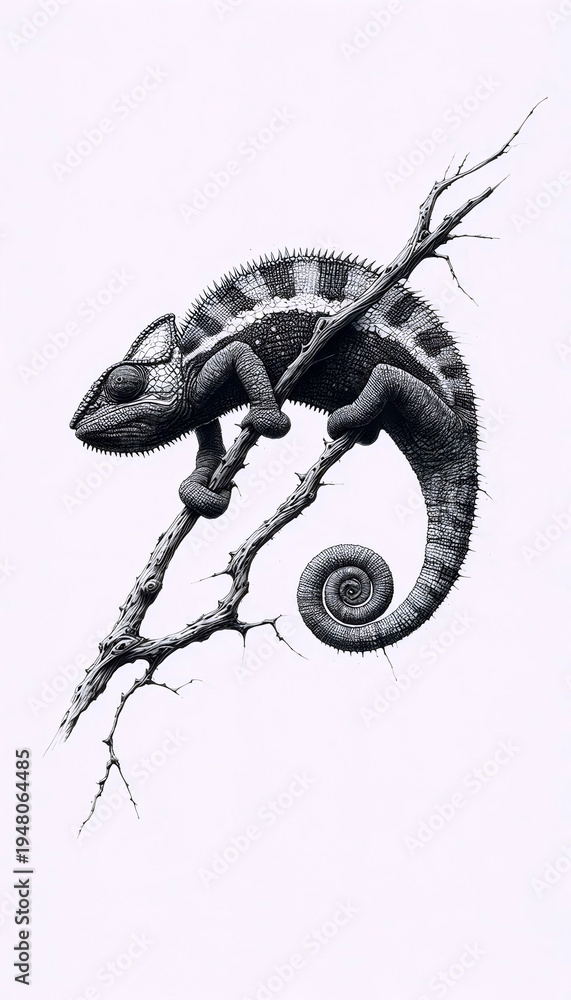 Fototapeta premium A Chameleon on a Branch ink drawing art print, Ai generated image