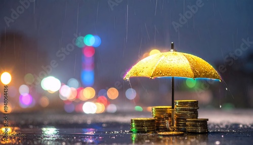 Financial security umbrella protecting stack of coins in rainy weather at night