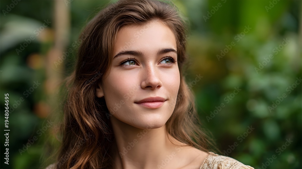 Fototapeta premium Serene young woman with freckles contemplates amidst lush garden greenery bathed in soft natural light