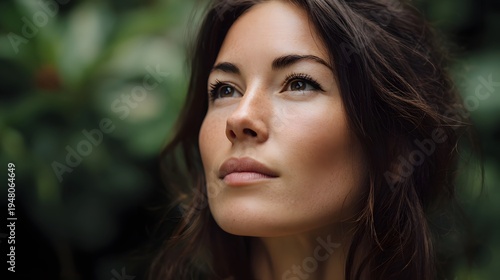 Close up portrait of a serene woman with freckles looking upwards amidst lush green foliage