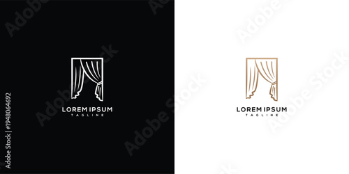 Elegant Luxury Curtain Window Logo Design - Minimalist Line Art Brand Identity Template.