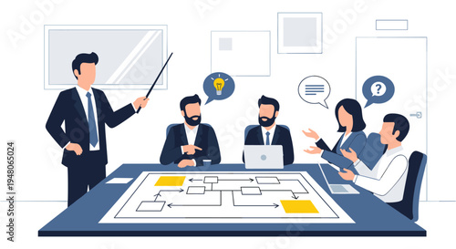 Business team brainstorming meeting in flat design style with blue and yellow colors in modern office lighting for marketing and advertising