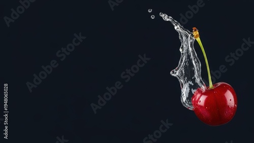 Red cherry with green stem splashing into water with droplets flying around on dark background for food and drink advertising