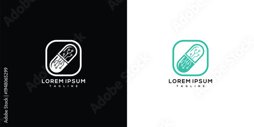 Digital Health Medicine Capsule Logo Design. AI Technology Pharmaceutical Biotech Icon.