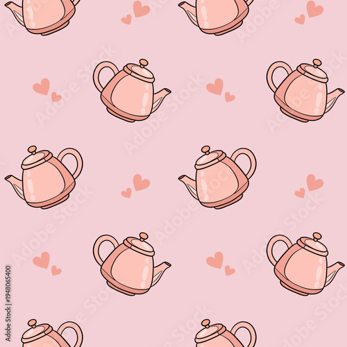 Cute Teapot Seamless Pattern Tea Kettle Kitchen Vector Background
