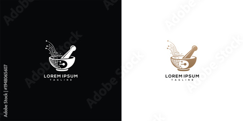 Pharmacy Mortar Pestle Logo with Medical Cross and Splash - Herbal Medicine Design.