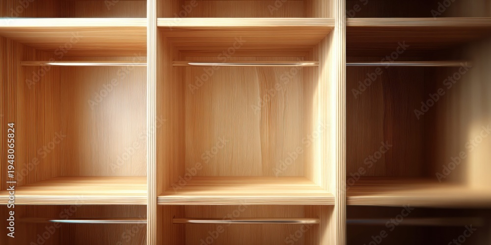 Fototapeta premium Empty wooden closet shelves with hanging rods, ready for organization and storage