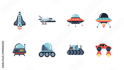 Pixel Art Space & Sci-Fi Vehicle Icons: Shuttles, UFOs, Rovers, Flying Cars Collection