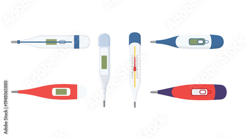 Diverse medical thermometers collection. Flat design digital and analog temperature measuring devices for health