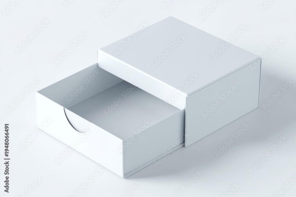 Naklejka premium Minimalist white drawer box partially open on a clean white background with soft shadow