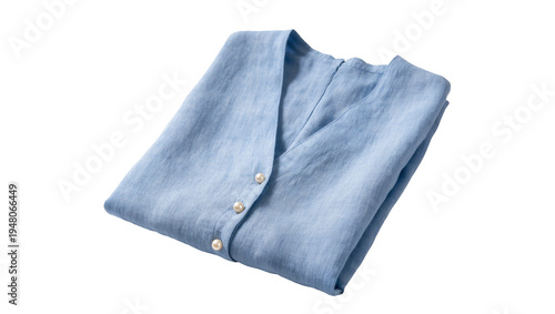 Tableau sur toile Isolated light blue linen blouse with v-neck and elegant pearl buttons, neatly folded garment