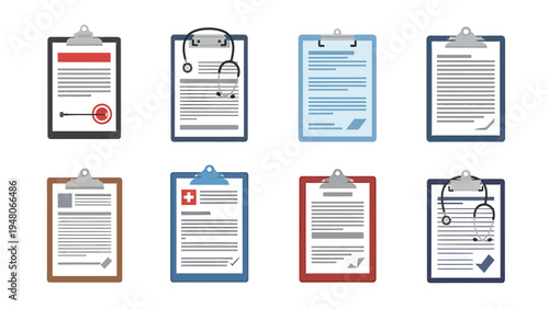 Set of Clipboards with Medical and Business Documents, Reports, and Forms Icons