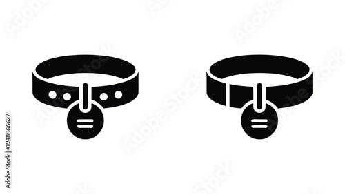  Two minimalist black silhouette pet collar icons with circular tags featuring equality symbols, representing identity, equality, and symbolic design in modern vector illustration
