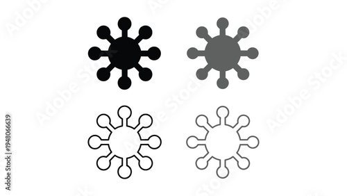  Set of four stylized virus or germ icons in solid, shaded, and outlined variations, symbolizing microbiology, infection, health, and medical concepts for educational, scientific, and design use