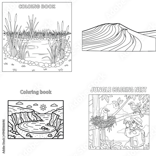 Bird on a nest with child watching with baby bird with line art with coloring book