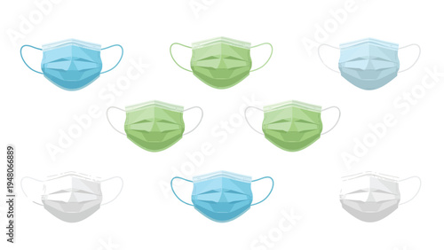Set of Medical Face Masks in Blue, Green, and White. Disposable Surgical Masks for Health, Protection, and Safety.