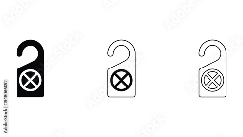  Minimalist set of three stylized door hanger icons in solid, outline, and thin line variations, symbolizing do not disturb, privacy, and hospitality signage for hotel and business use