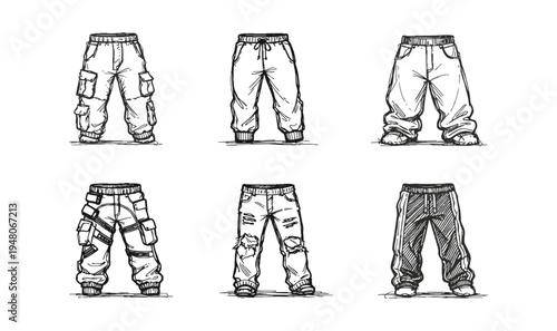 Collection of hand-drawn sketches of various styles of pants and trousers
