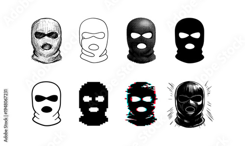 Collection of eight different ski mask designs in various artistic styles and digital effects