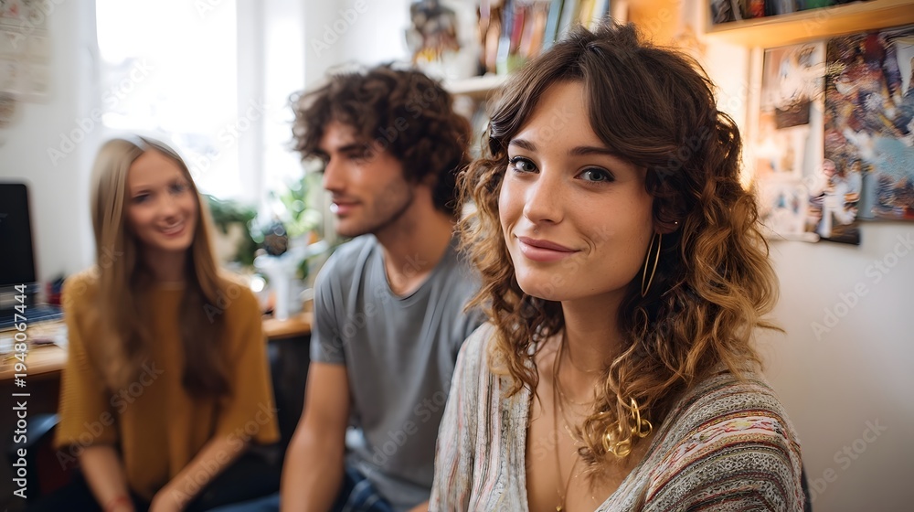 Obraz premium Three young friends smiling and interacting in a bright casual indoor setting