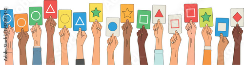 Diverse hands holding colorful cards with geometric shapes voting signs choice symbols education game flashcards concept vector illustration
