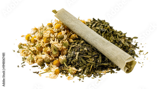 Canvastavla Isolated rolling paper with dried chamomile flowers and green herbal tea leaves